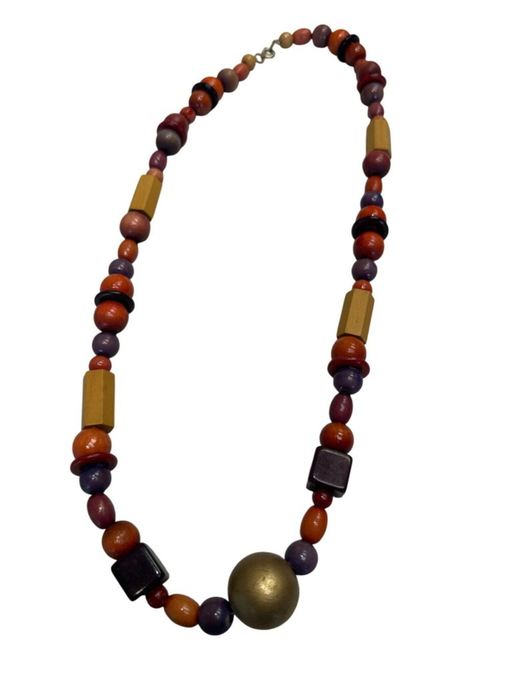 Colorful Chunky Wooden Beaded Necklace Gold Accents 80s Long Boho Artsy